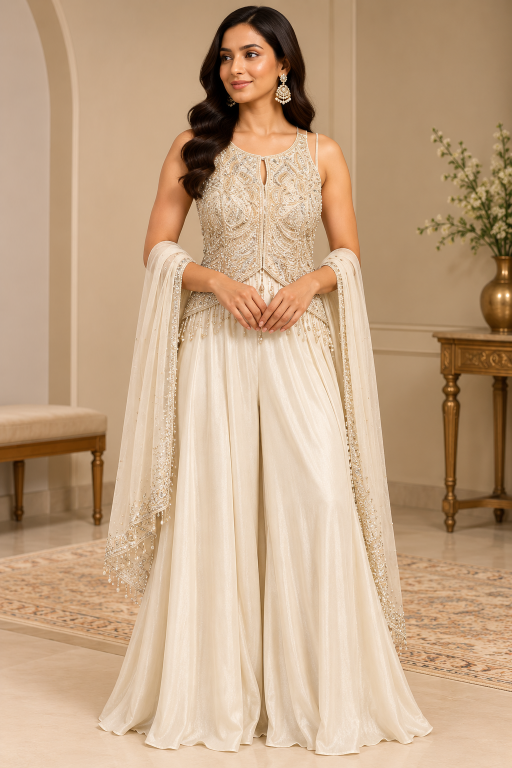 Ivory Gold Embroidered Designer Palazzo Set