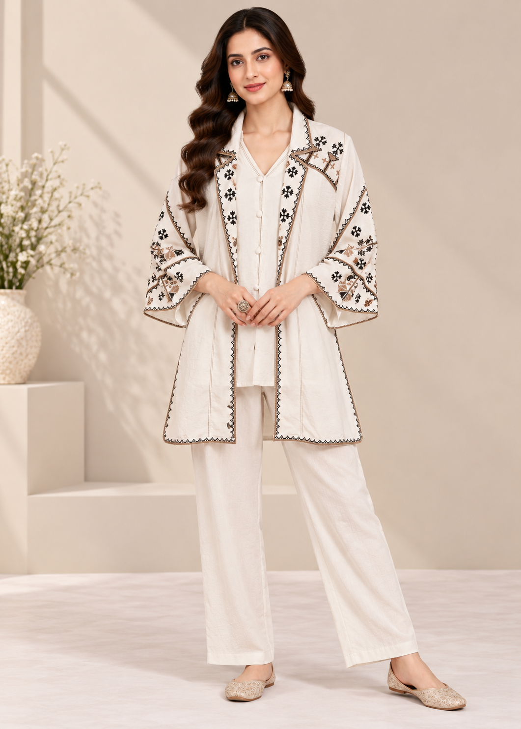 Ivory Geometric Embroidered Jacket & Tunic Set Main image