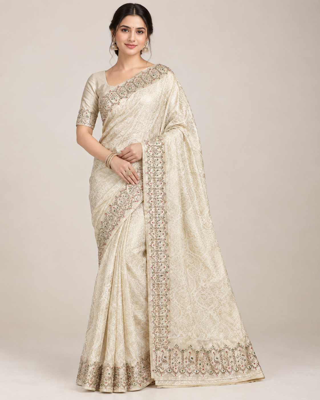 Ivory Embroidered Saree with Intricate All-Over Patterns