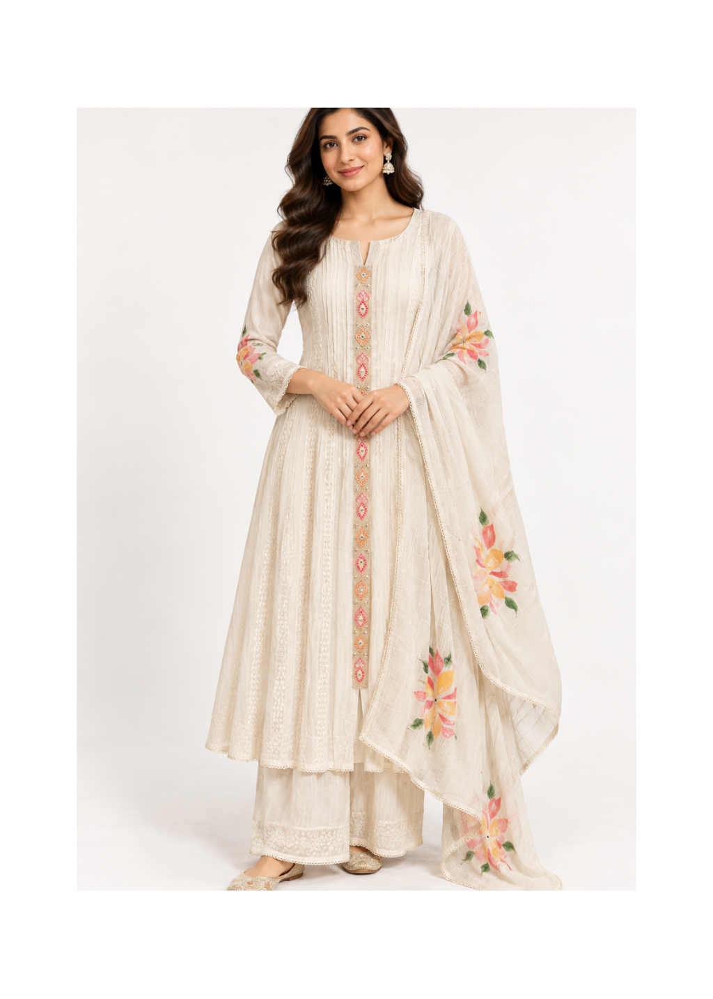 Ivory Floral Embroidered Anarkali Palazzo Suit