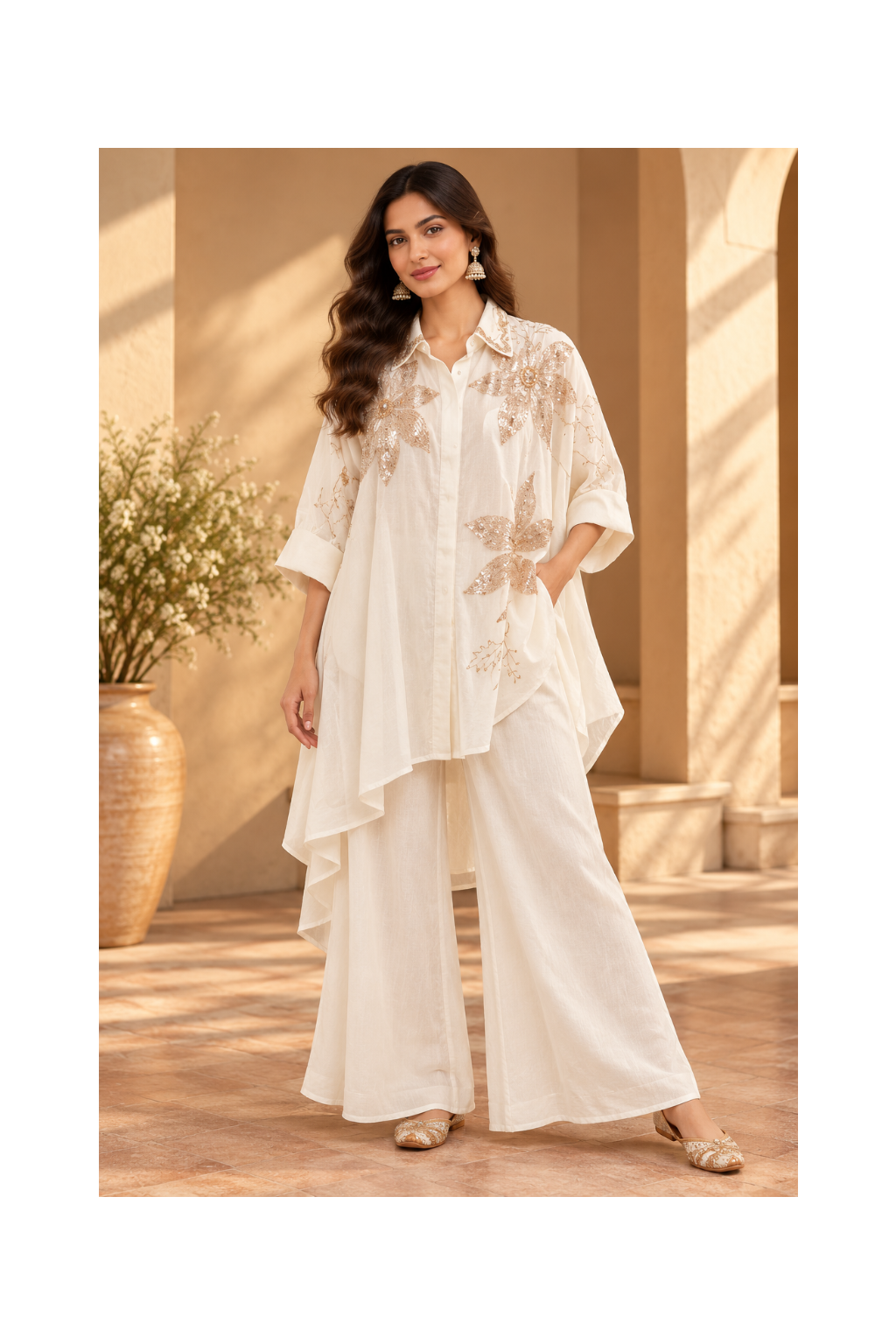 Ivory Sequined Floral Asymmetric Co-ord Set