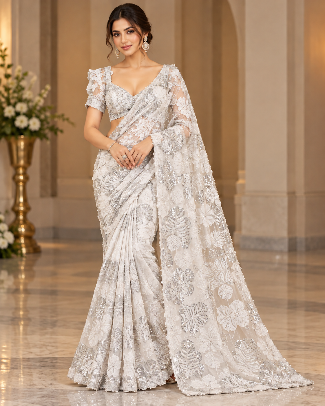 Ivory Silver Sequined Net Saree