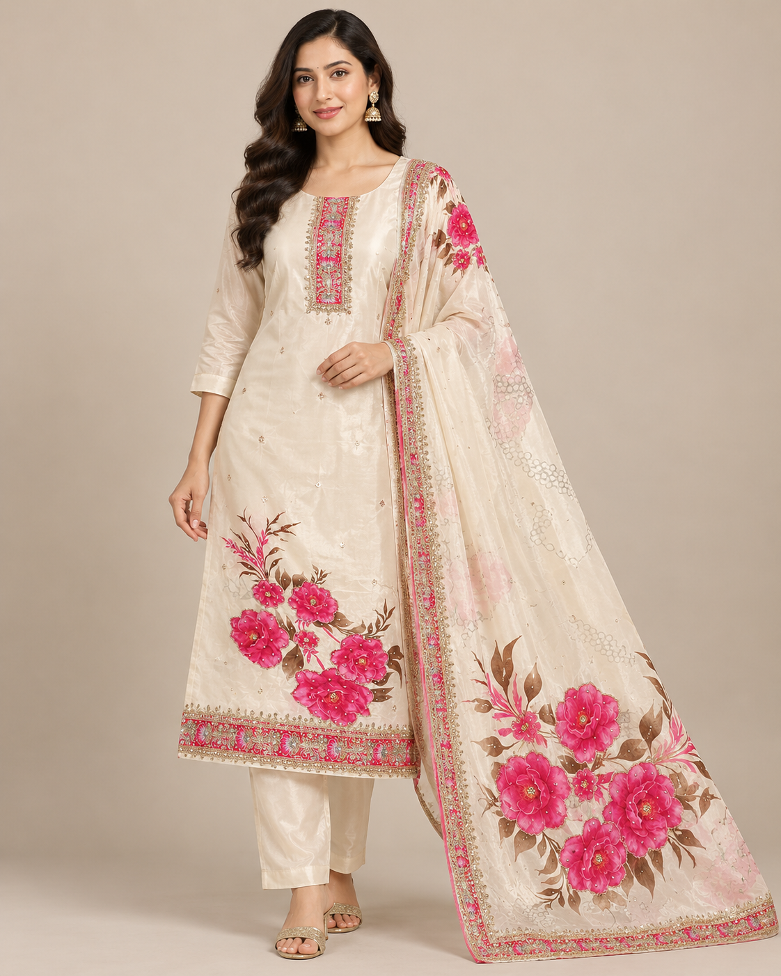 Ivory Floral Printed Unstitched Suit Fabric with Designer Dupatta Main image