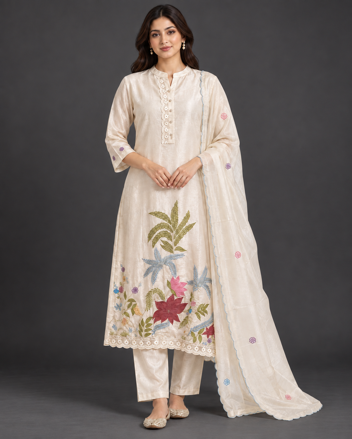 Ivory Botanical Embroidered Kurti Pant Set with Dupatta Main image