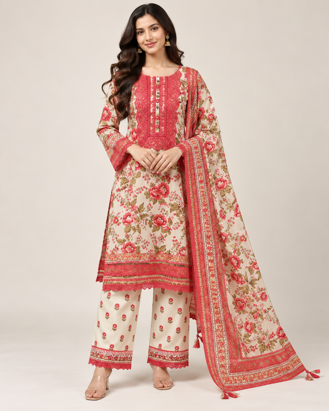 Ivory & Coral Red Floral Printed Pakistani Suit Set