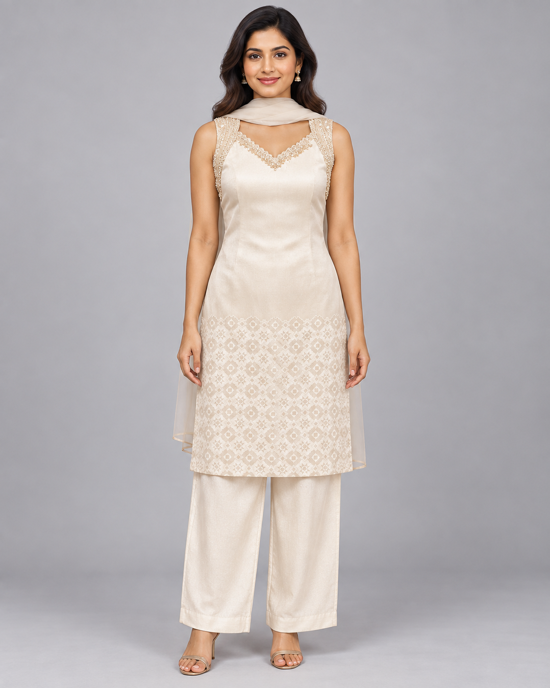 Ivory Embellished Kurti Pant Set with Dupatta