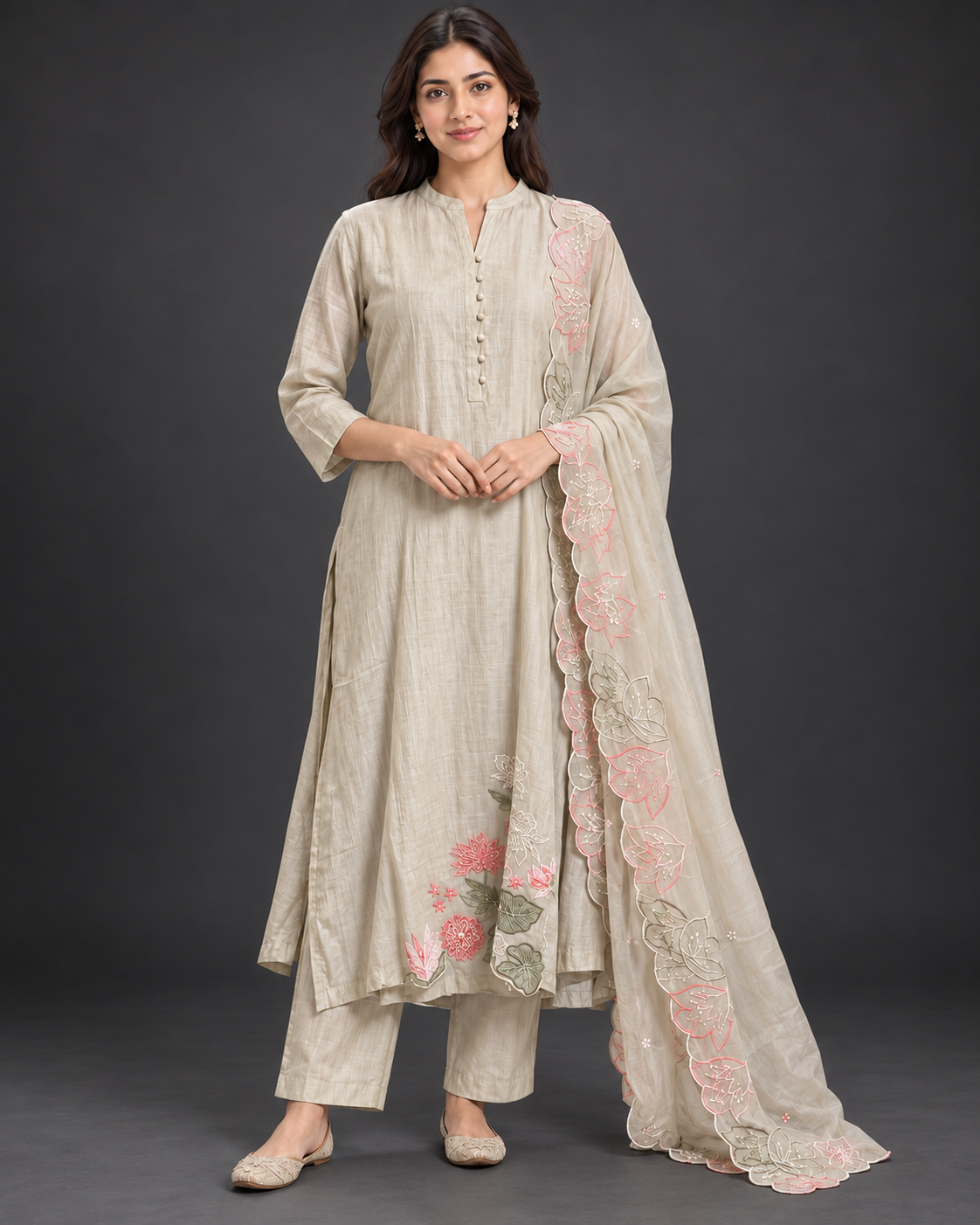 Pista Floral Embroidered Kurti Pant Set with Dupatta Main image