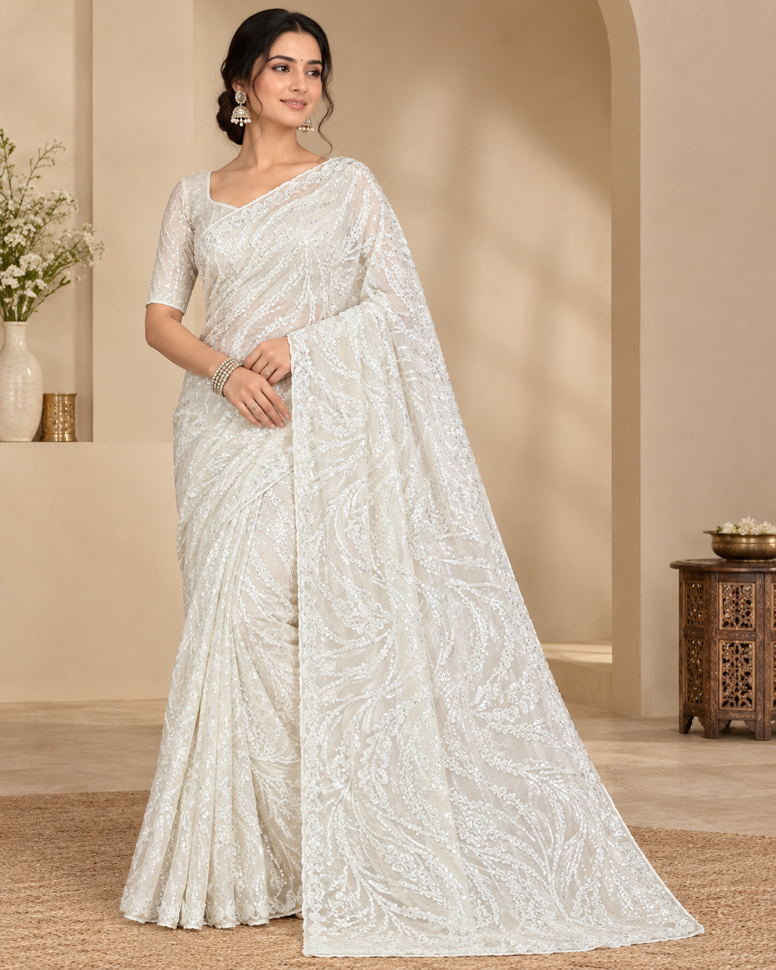 Ivory Designer Saree with Intricate Sequin & Floral Embroidery Main image