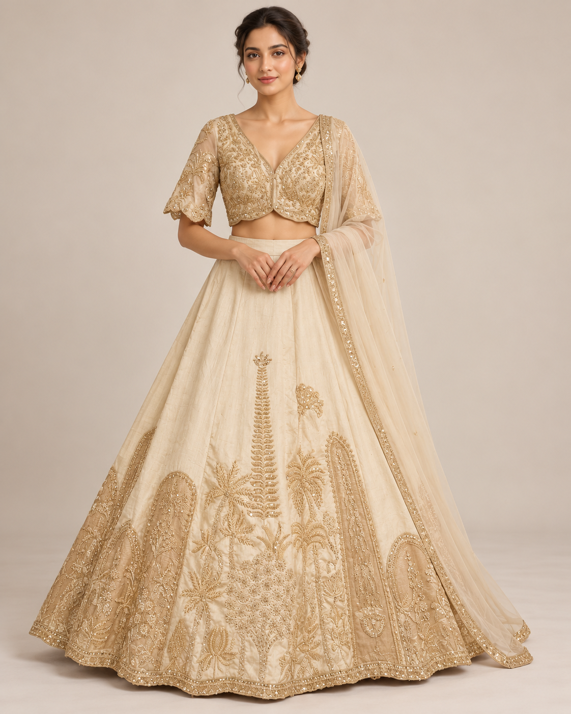 Camel Botanical Embroidered Lehenga with V-Neck Blouse Main image