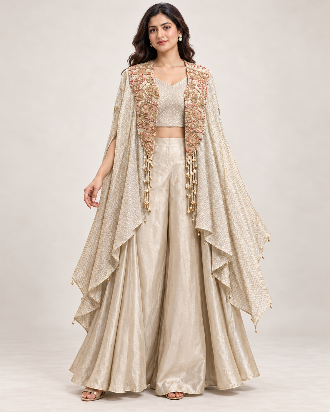 Ivory Embroidered Cape and Palazzo Set
