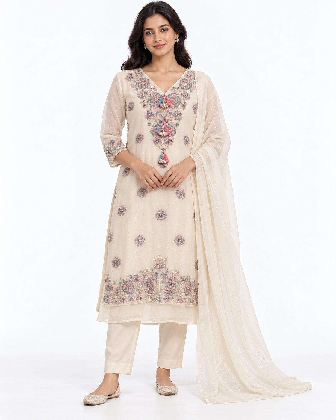 White Floral Embroidered Suit Main image