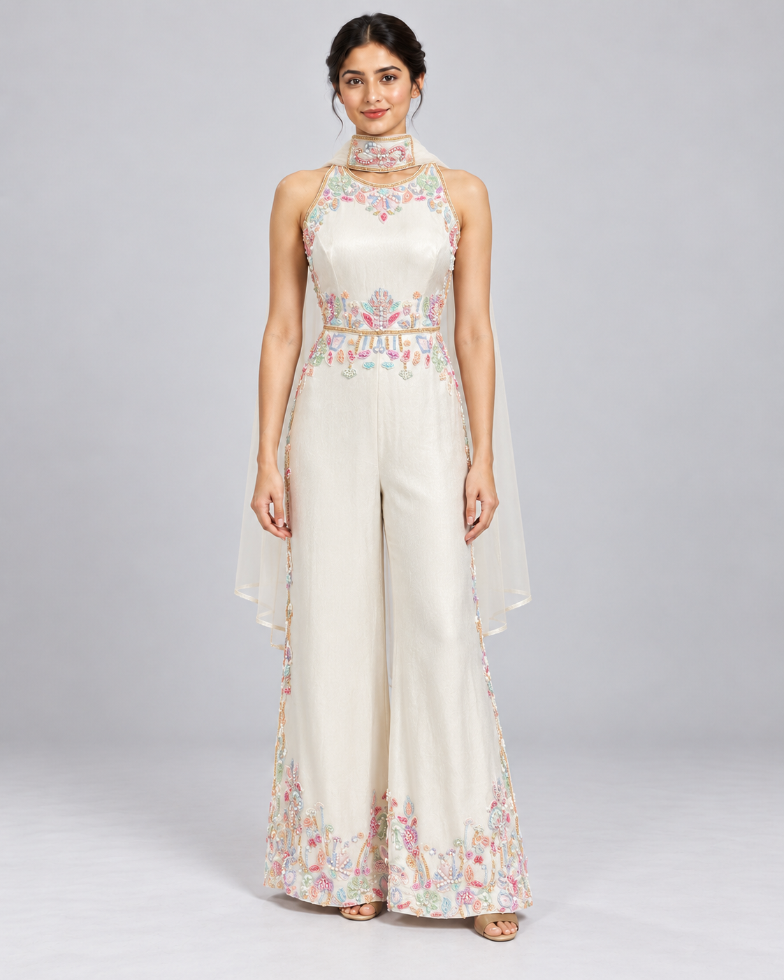Cream Pastel Embroidered Halter Jumpsuit Main image