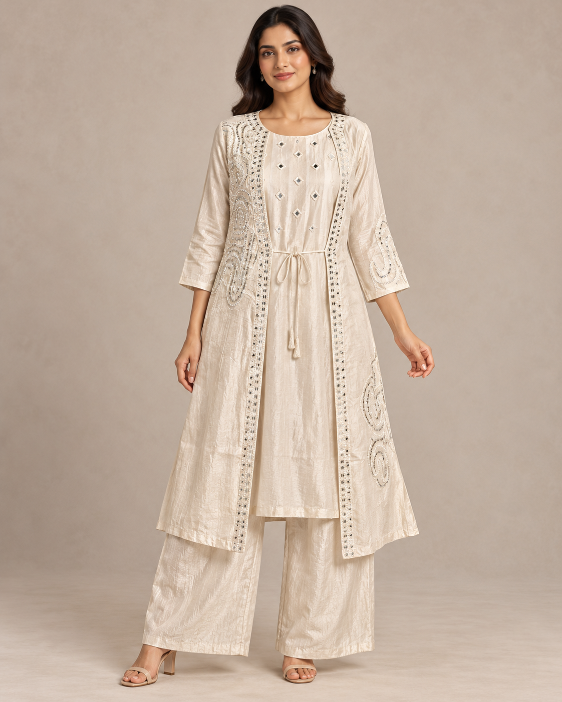 Ivory Mirror Embellished Jacket Palazzo Set