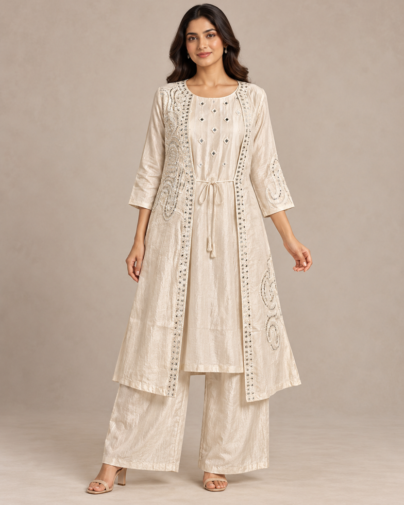 Ivory Mirror Embellished Jacket Palazzo Set – ODHNI