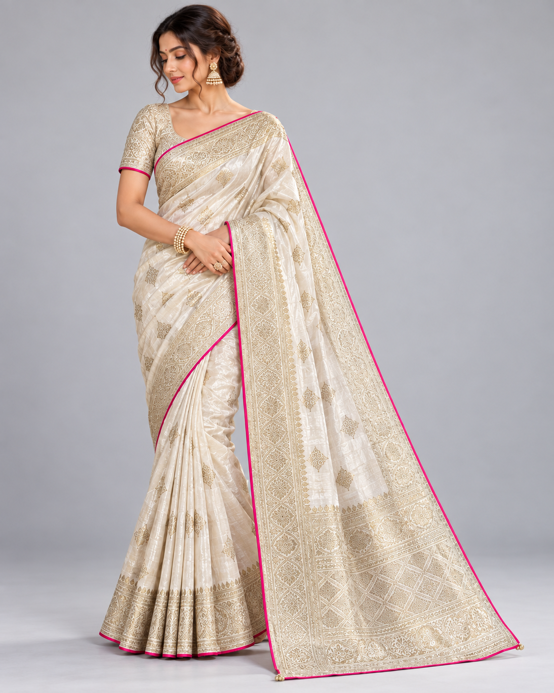 Cream Saree with Gold-Toned Motifs and Rani Edging