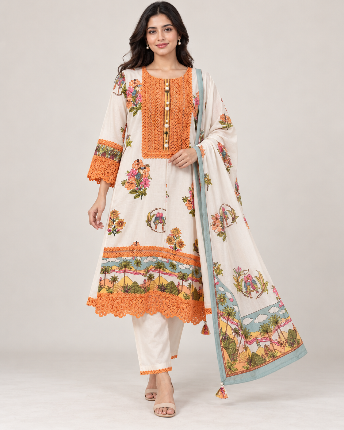Ivory Tropical Printed Farshi Suit with Dupatta