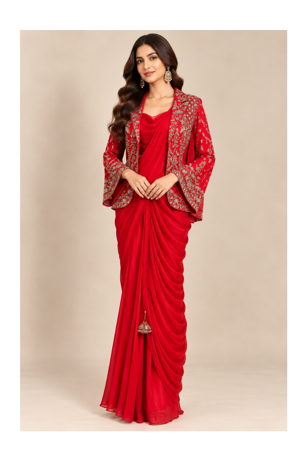 Crimson-Red Pre-Draped Saree, Cowl Blouse & Embroidered Blazer Jacket Set Main image