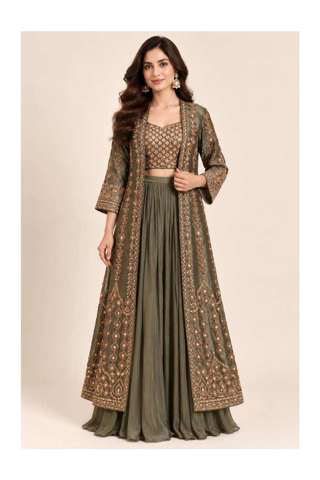 Olive Green Embroidered Long Jacket & Skirt Set