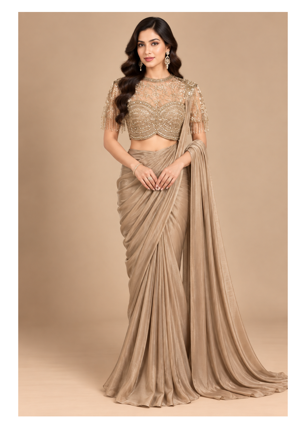 Champagne Bronze Pre-Draped Tissue Saree with Crystal Fringe Blouse