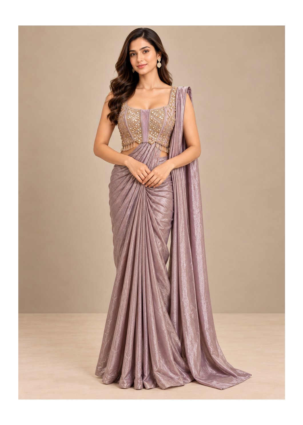 Dusty Lilac Pre-Draped Shimmer Saree Set with Beaded Fringe Bustier