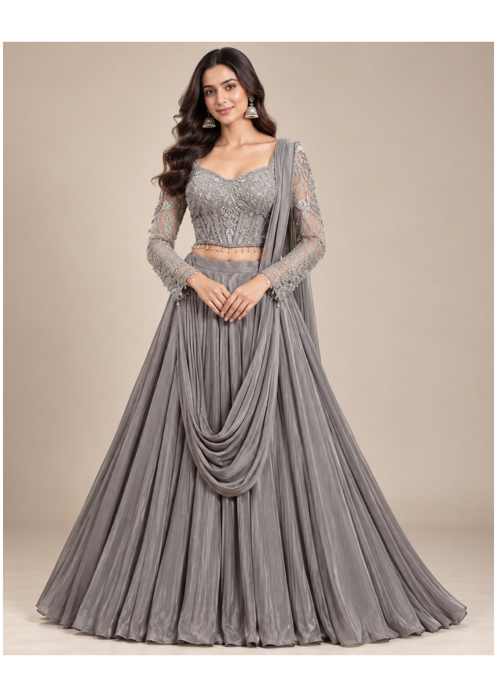 Light Grey Embroidered Draped Lehenga Set