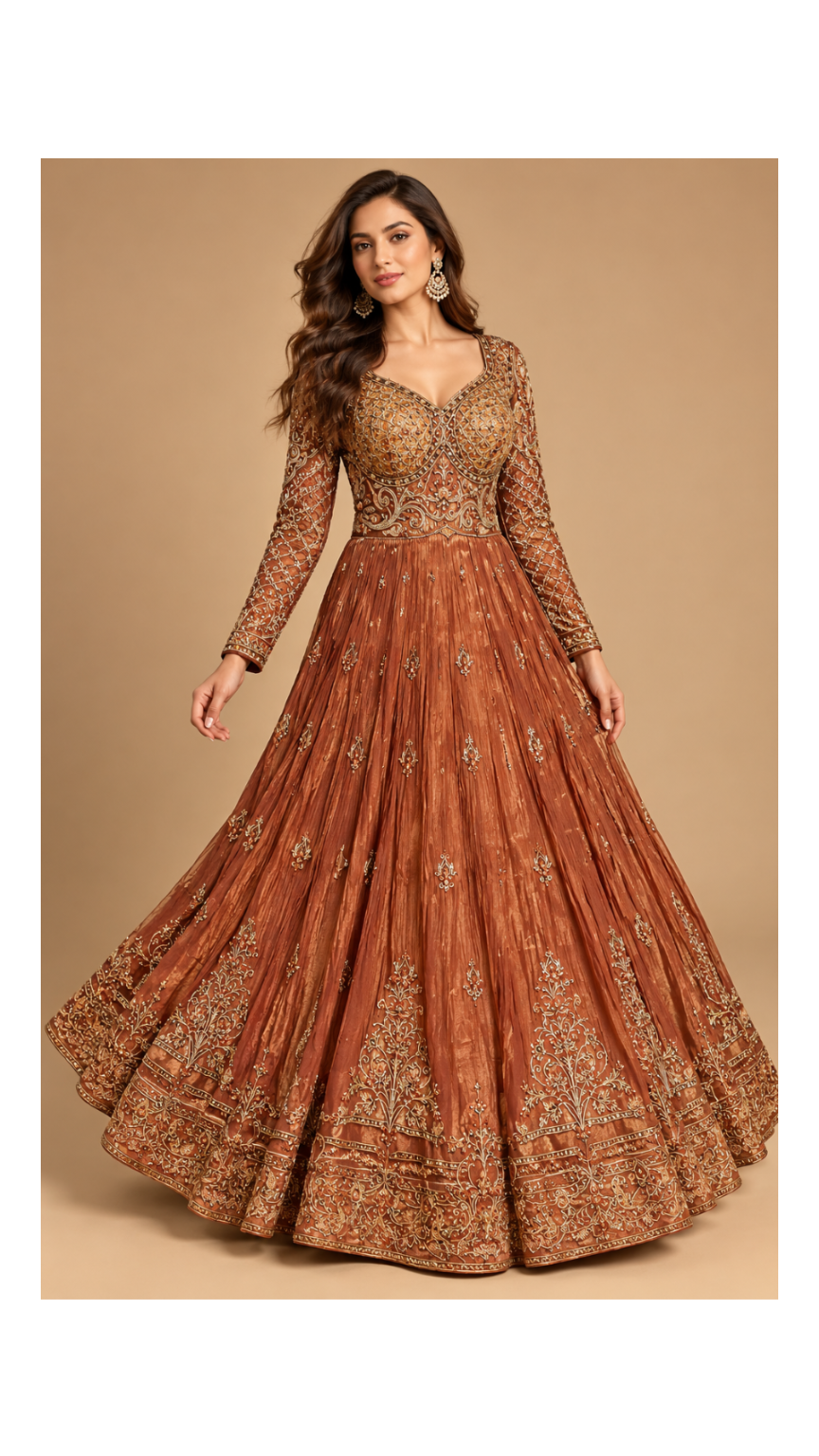 Rust Brown Embellished Flared Anarkali Gown Main image