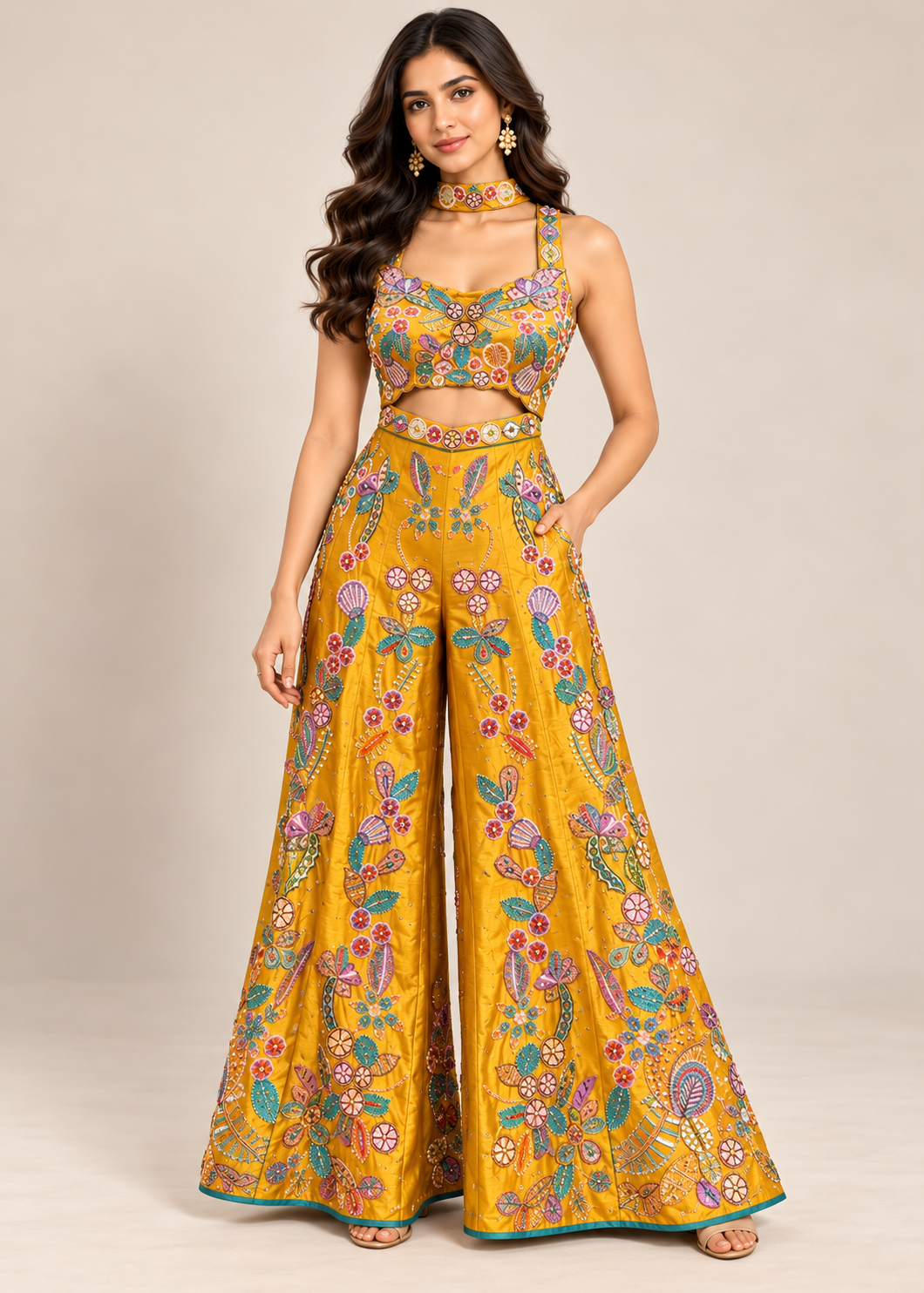 Mustard-Yellow Embroidered Bustier &amp; Wide-Leg Trousers Co-ord Set