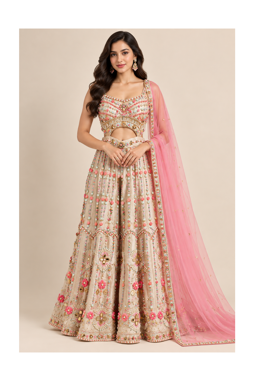 Beige Embroidered Cutout Sharara Suit Set Main image