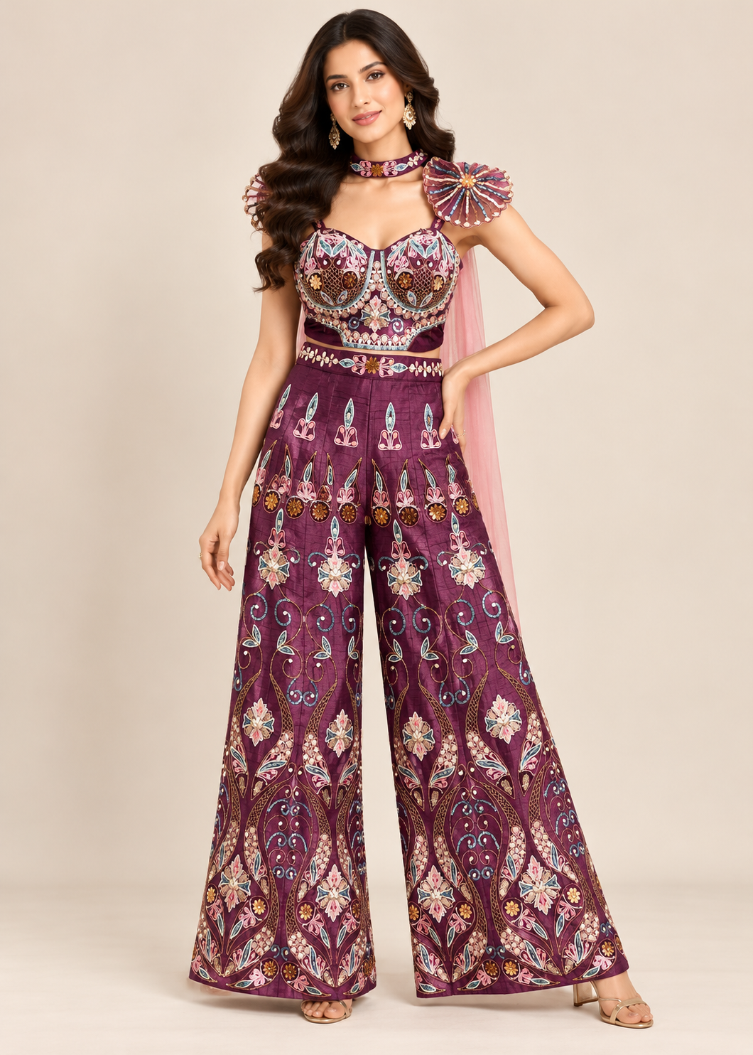 Plum-Purple Embroidered Bustier, Wide-Leg Trousers & Cape Drape Set Main image
