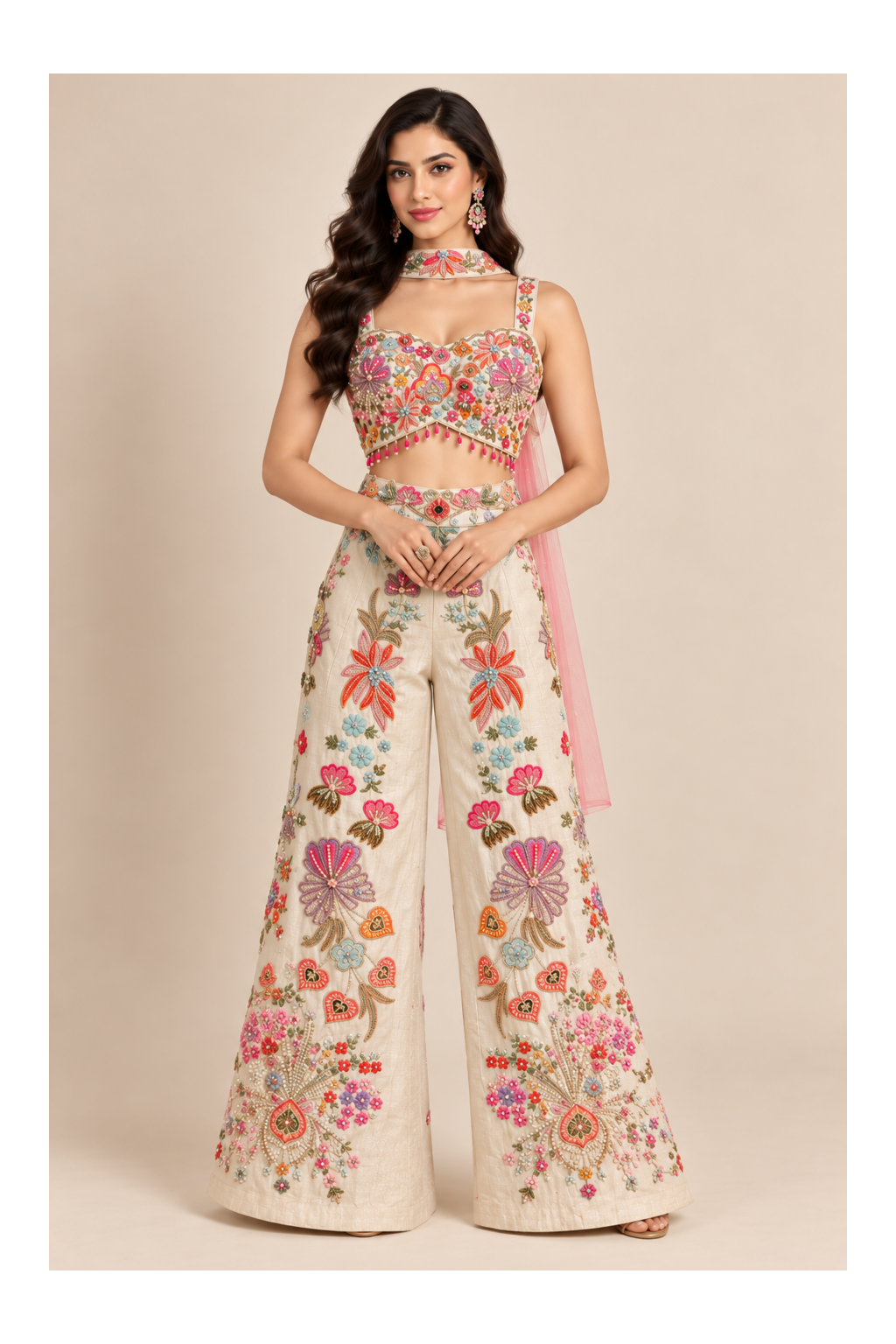 Ivory Embroidered Bustier Palazzo Co-ord Set