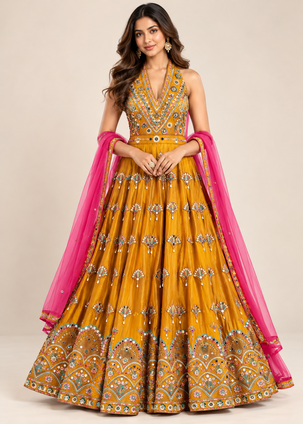 Mustard-Yellow Embroidered Halter Neck Lehenga & Rani-Pink Dupatta Set Main image