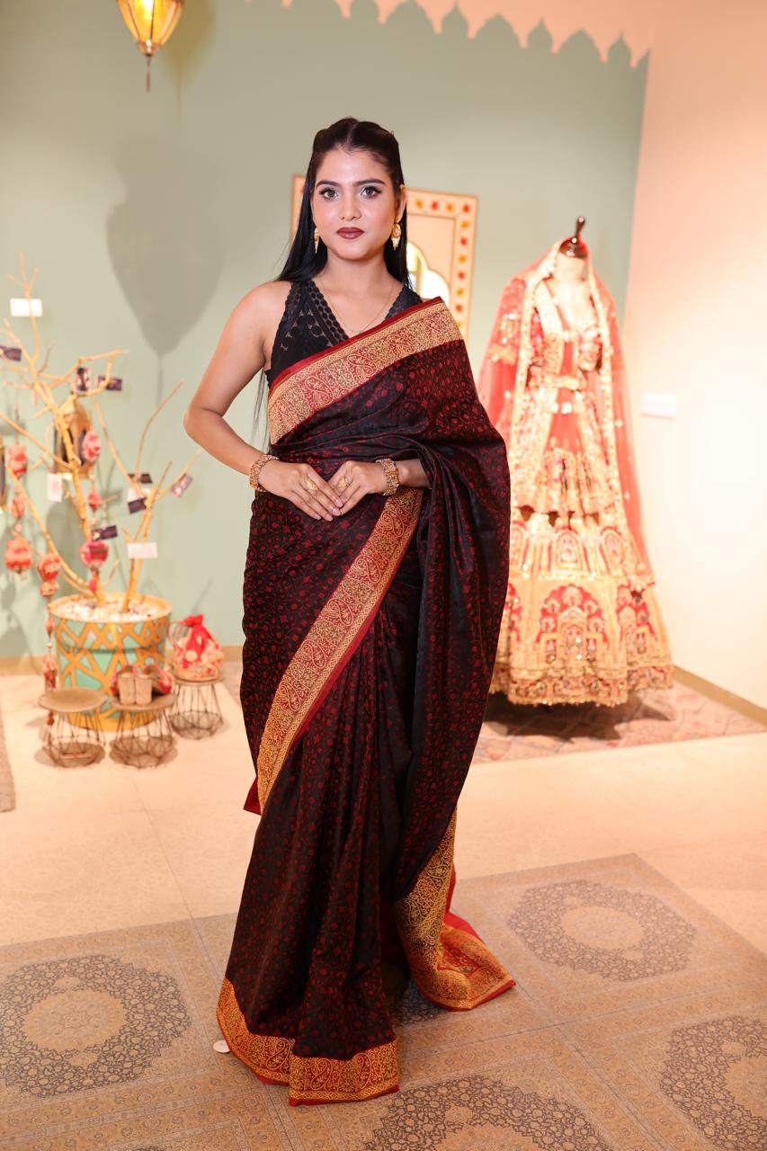 Black and Red Banarasi Saree with Golden Zari Border