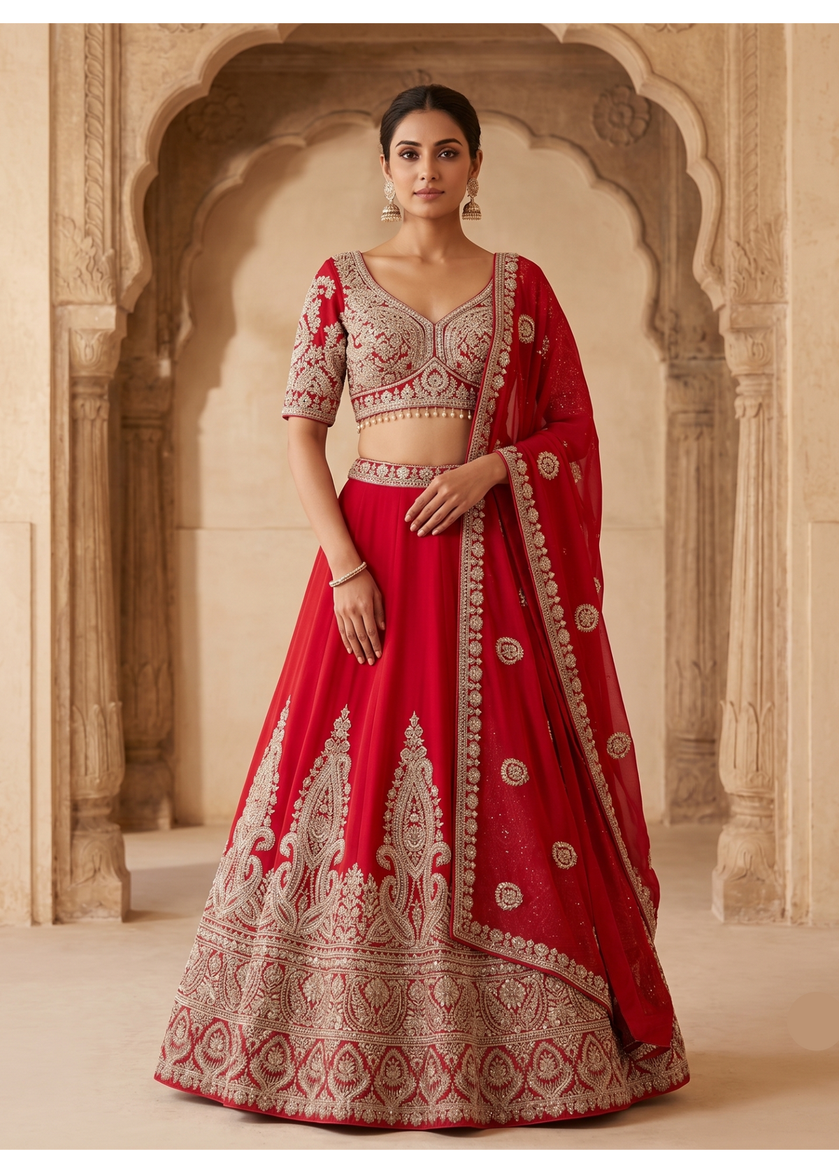 Scarlet Red Embroidered Silk Bridal Lehenga Set
