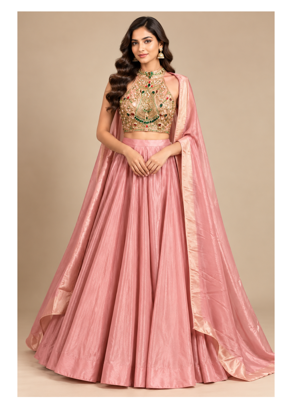 Dusty Pink Tissue Silk Lehenga Set with Jeweled Halter Blouse Main image