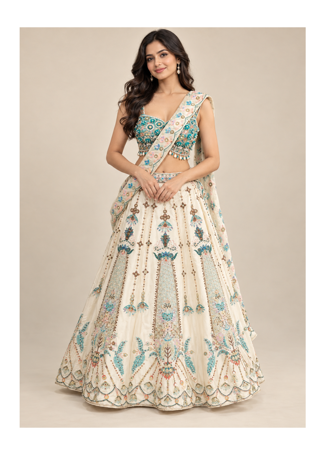 Ivory Teal Embroidered Wedding Lehenga Set
