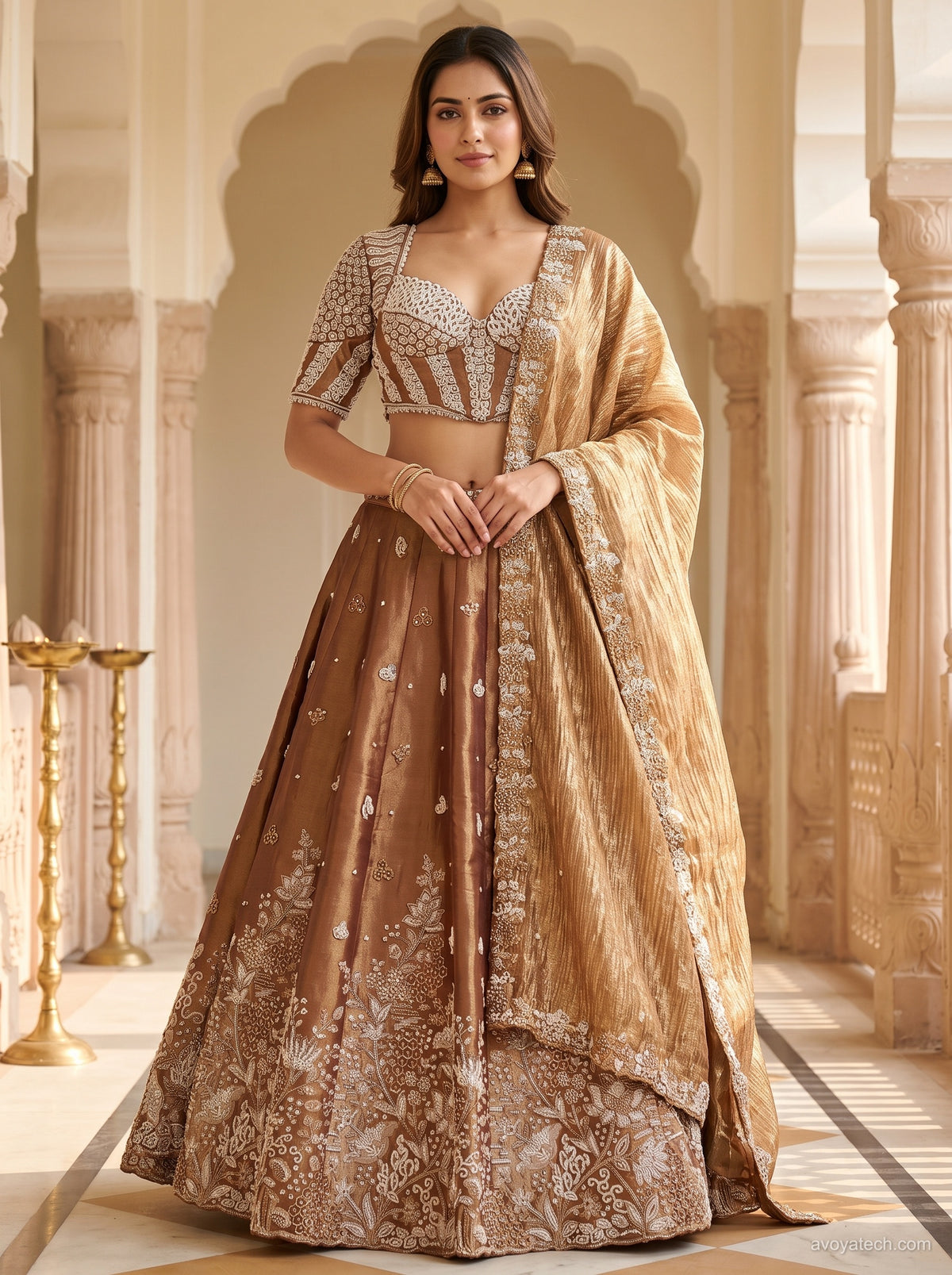 Metallic Bronze Zardozi Embroidered Silk Lehenga Set