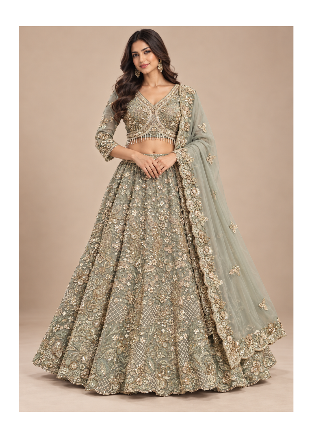 Sage Green Heavy Embroidered Lehenga Set