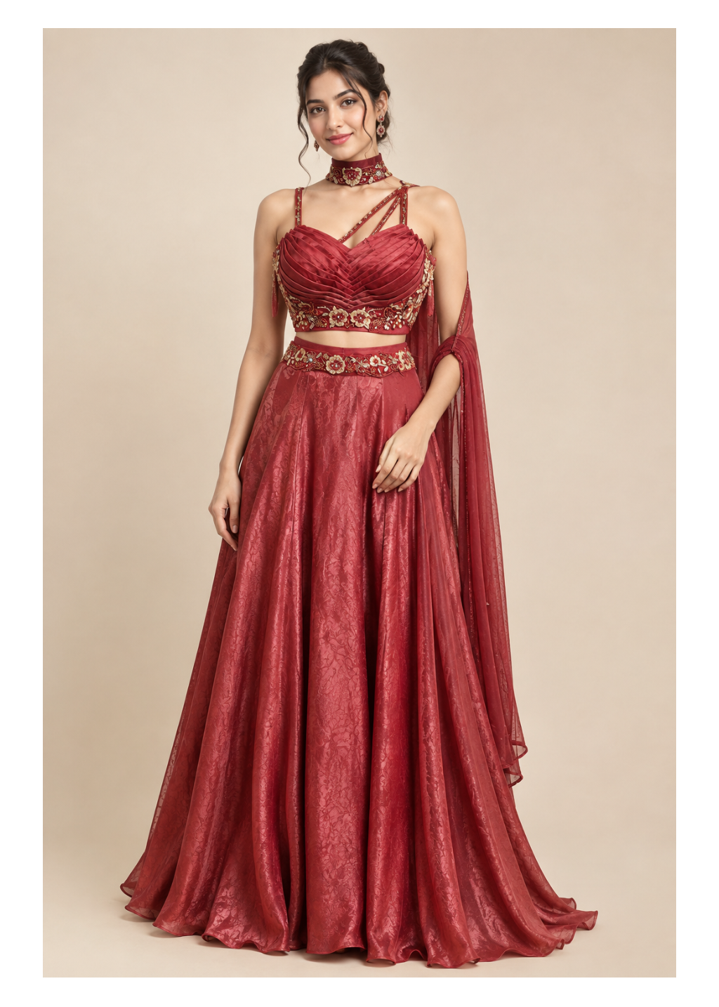 Wine Maroon Crushed Silk Lehenga Set with Sculpted Bustier