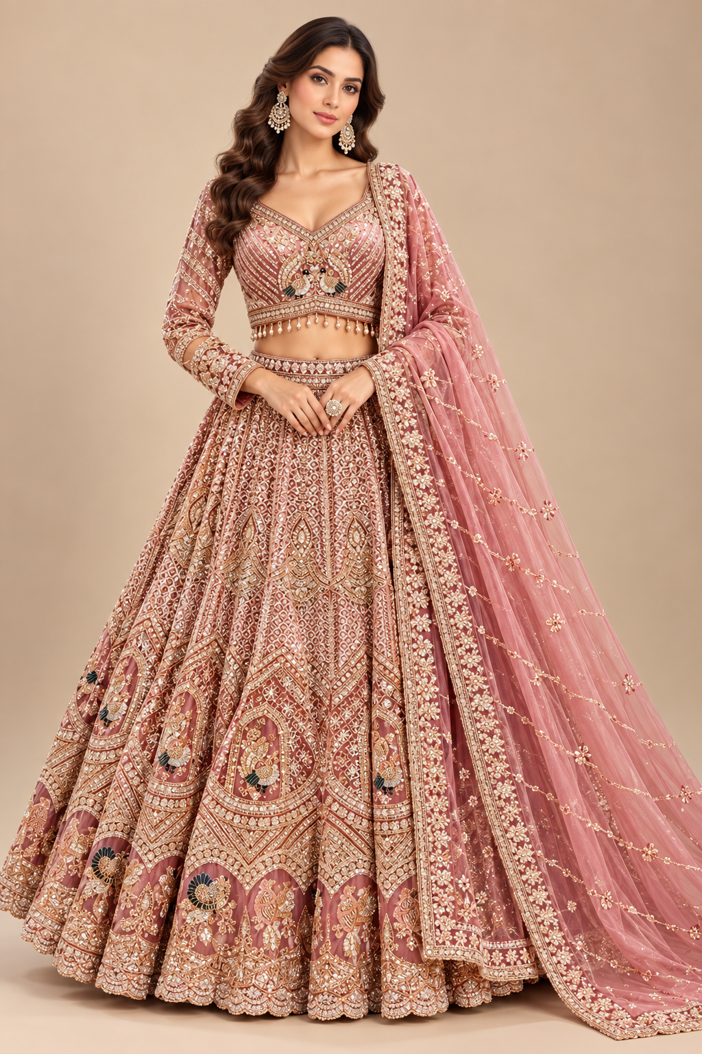 Dusty Rose-Pink Embroidered Full-Sleeve Bridal Lehenga Choli Set