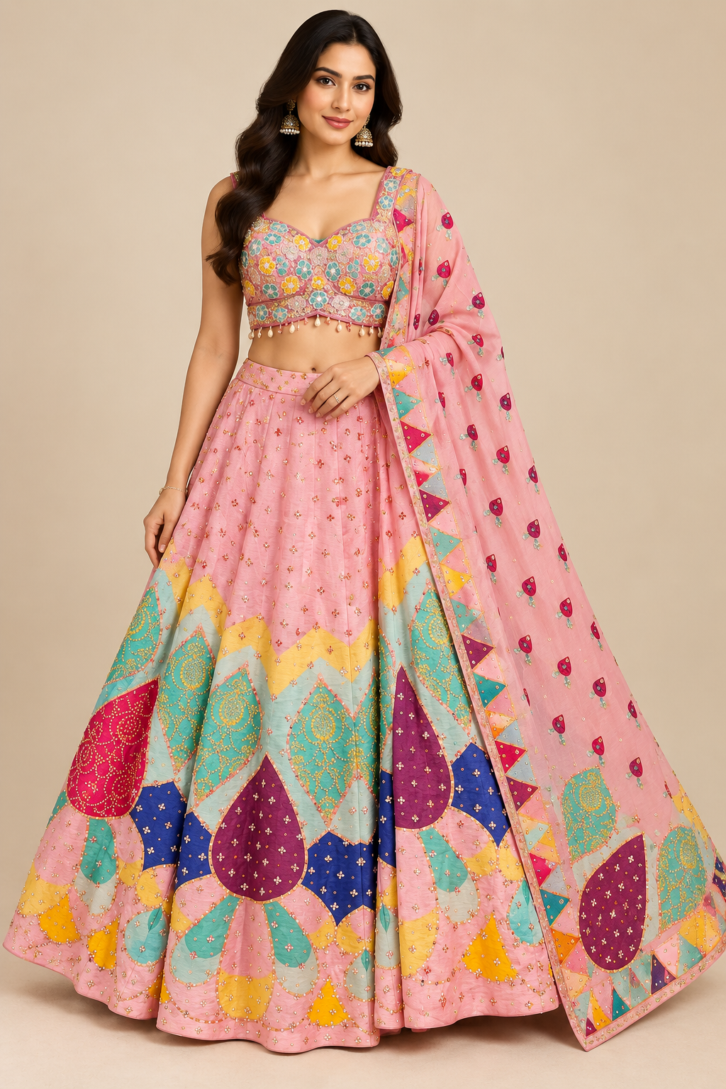 Baby Pink Multi-Color Patchwork Embroidered Lehenga Choli Set