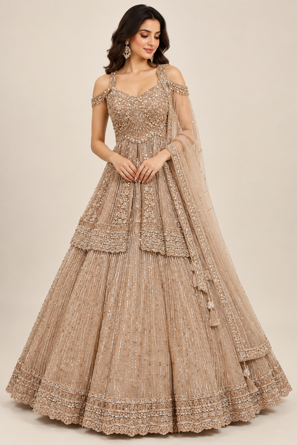 Champagne Muted-Gold Embroidered Cold-Shoulder Peplum Top & Flared Skirt Set