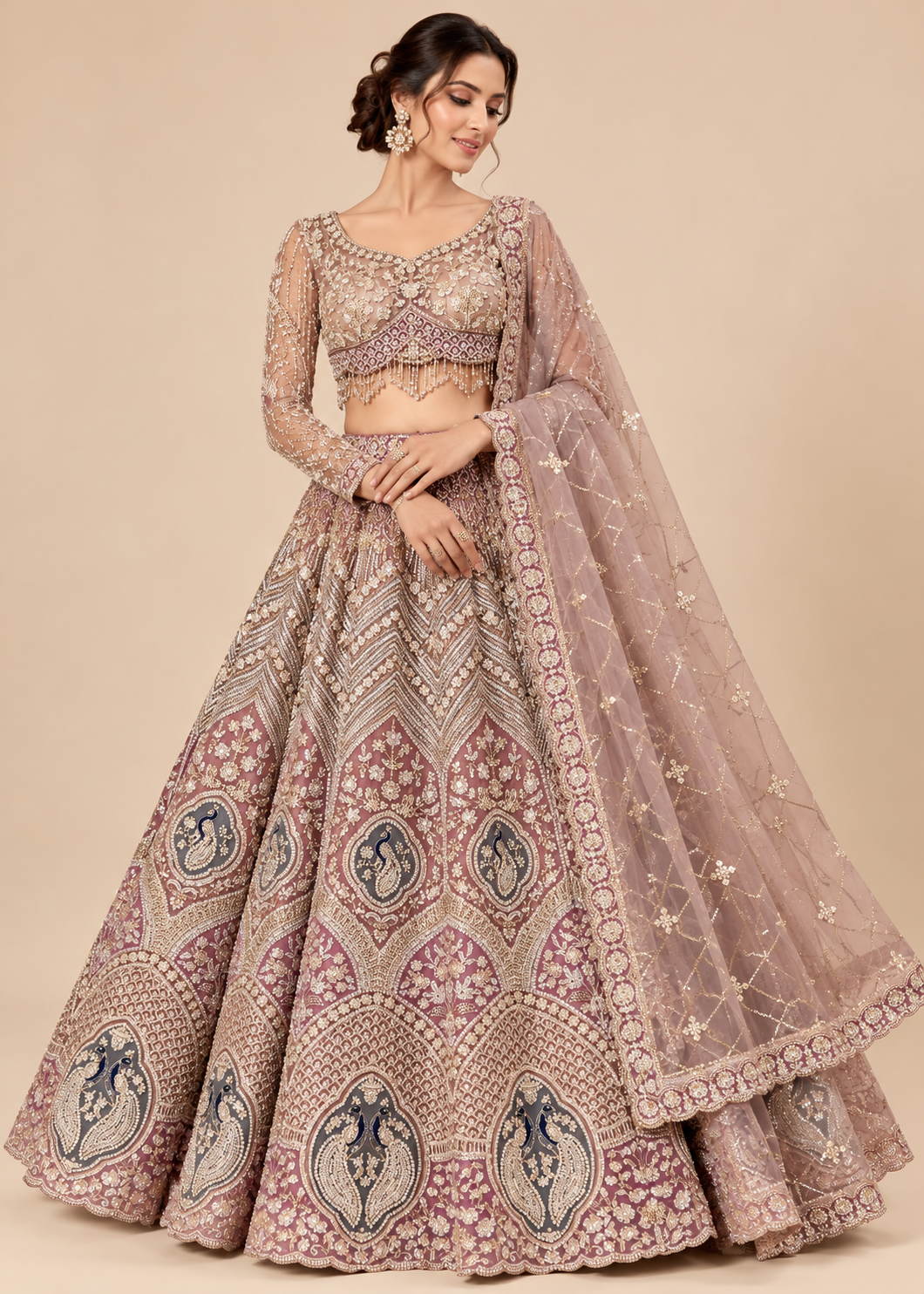 Mauve Peacock Embroidered Lehenga with Dupatta