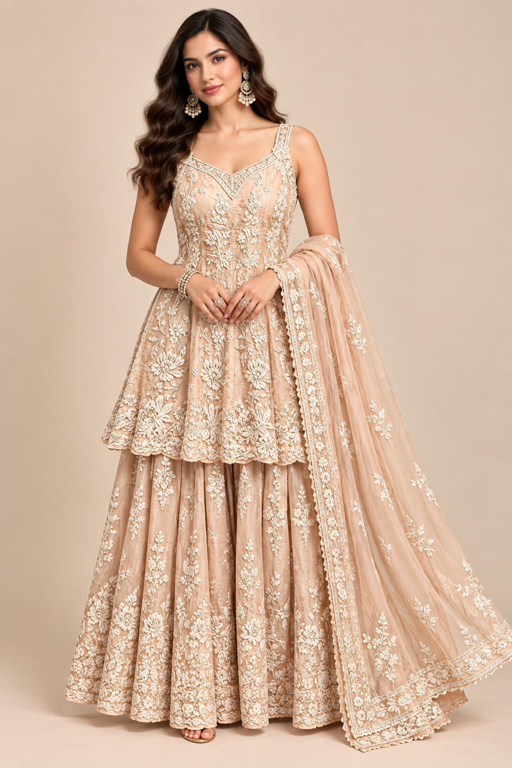 Champagne Beige Chikankari & Sequin Peplum Kurti, Flared Sharara
