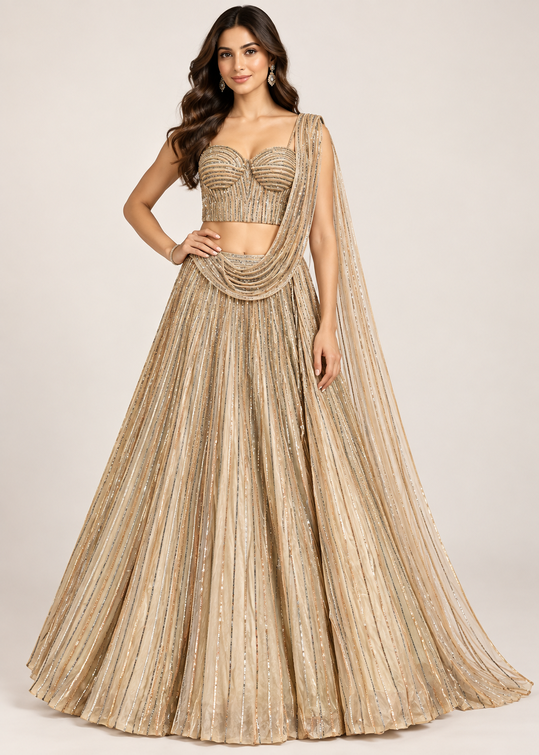 Champagne Gold Linear Sequin Corset Lehenga Set with Draped Pallu