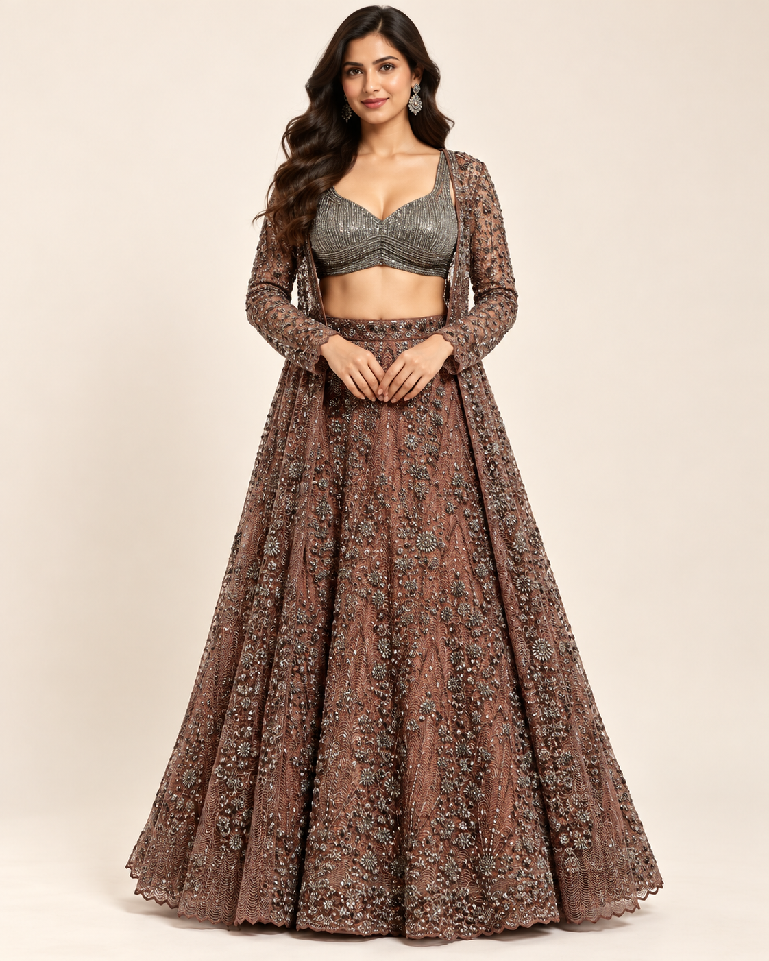 Charcoal Taupe Embroidered Jacket Bridal Lehenga