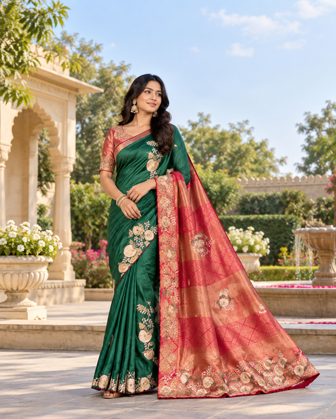 Emerald Green Silk Saree With Zari Pallu Main image