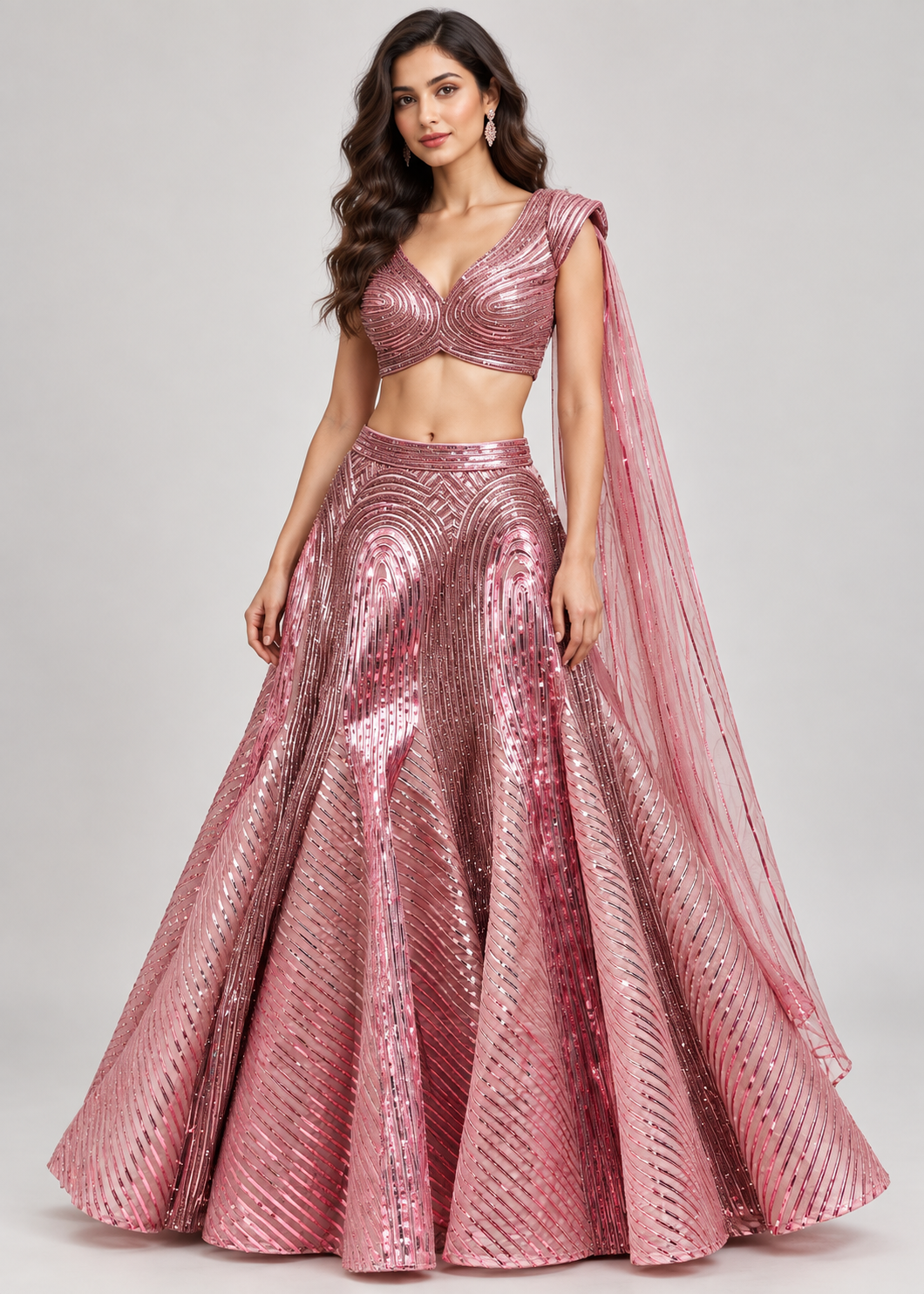 Rose Gold Geometric Sequin Bridal Lehenga Set with Shoulder Cape Drape Main image