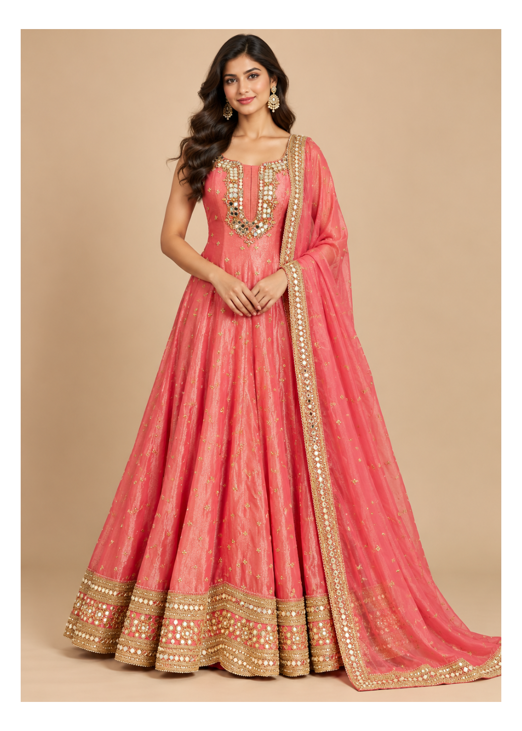 Coral-Pink Mirror-Work Embroidered Anarkali Gown & Dupatta Set Main image
