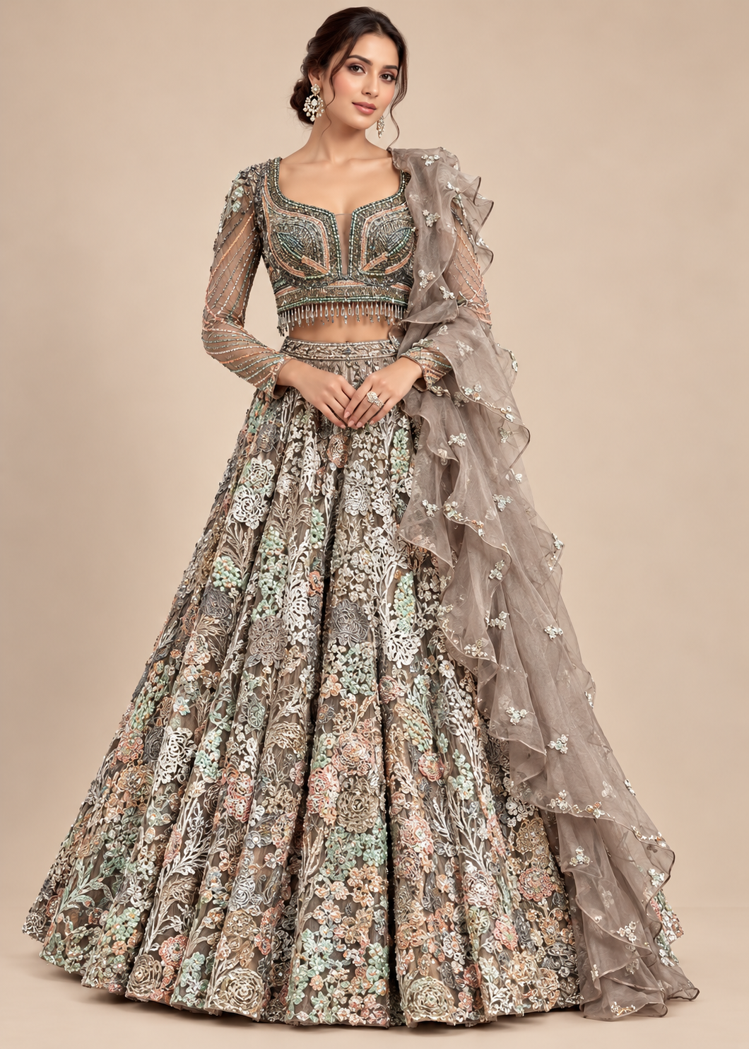 Muted Taupe Pastel Floral Bridal Lehenga Main image