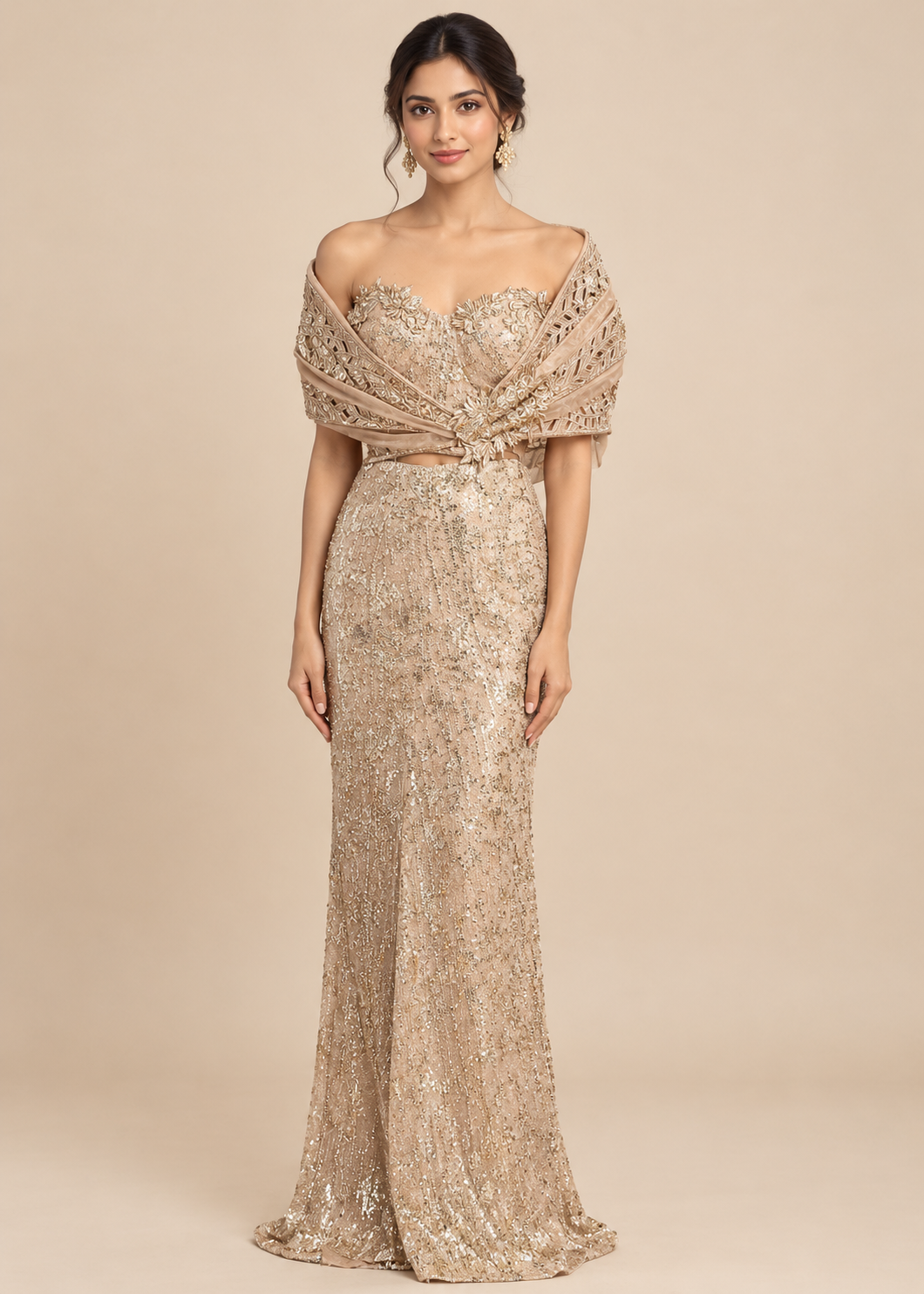 Champagne-Gold All-Over Sequin Column Gown with Sculpted Off-Shoulder Cape Main image